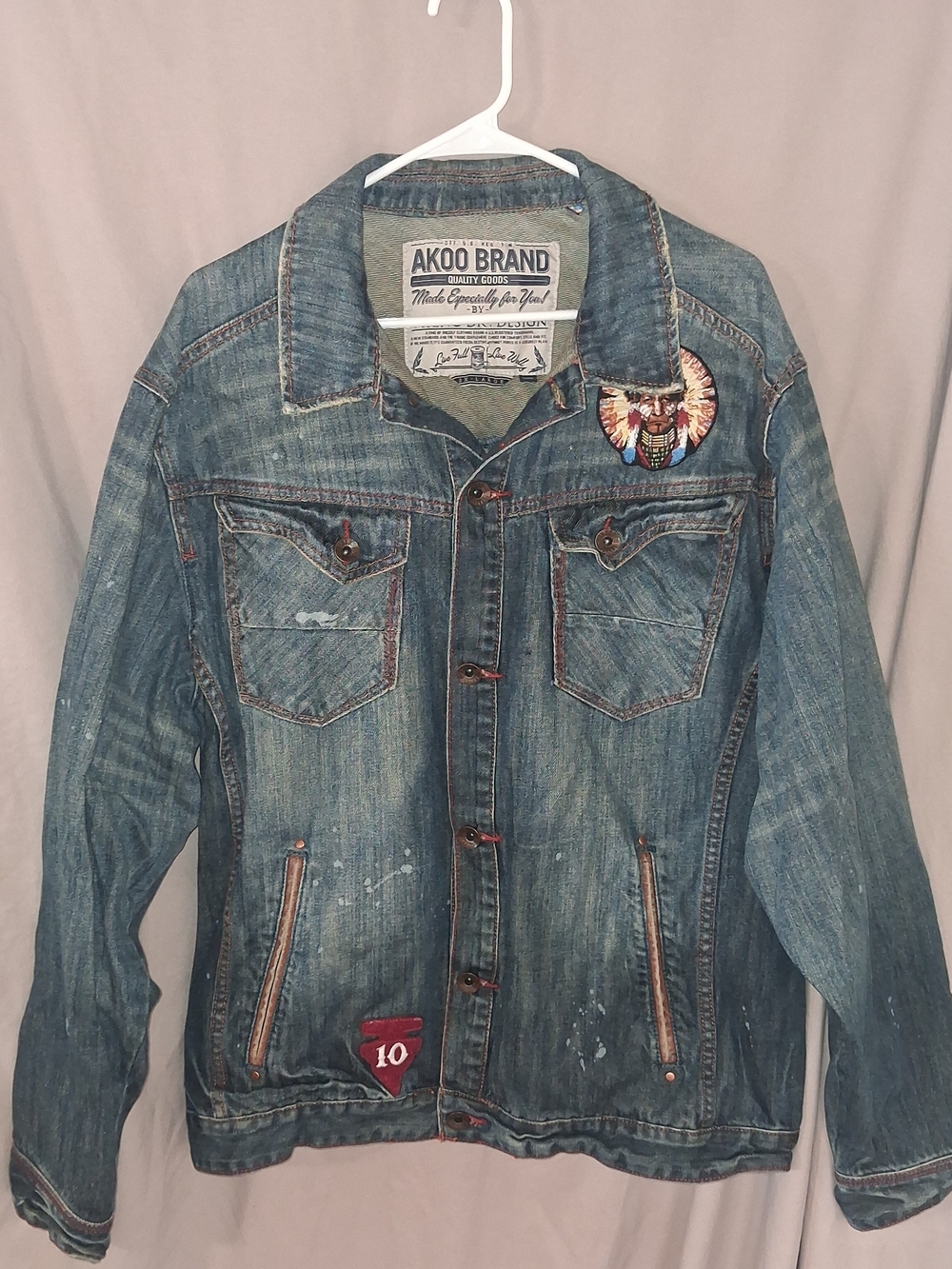 AKOO Brand Viking Dr. Design Distressed Denim Patch Jacket - Men's 2XL
